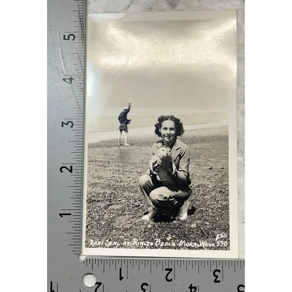 Rialto Beach Mora WA RPPC Postcard Vintage Woman with Baby Seal Snapshot